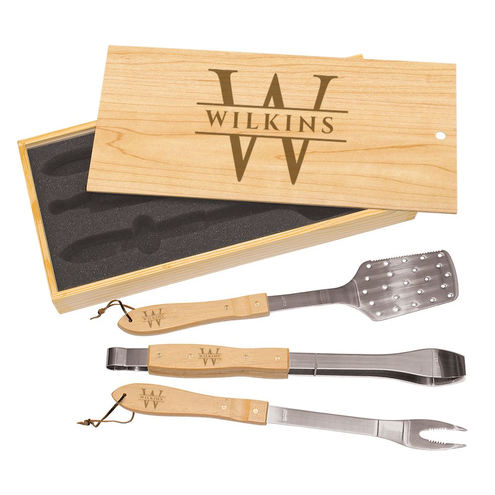 Custom Engraved BBQ Wooden Grill Set