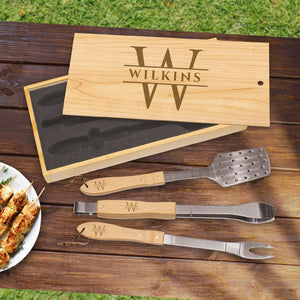 Custom Engraved BBQ Wooden Grill Set